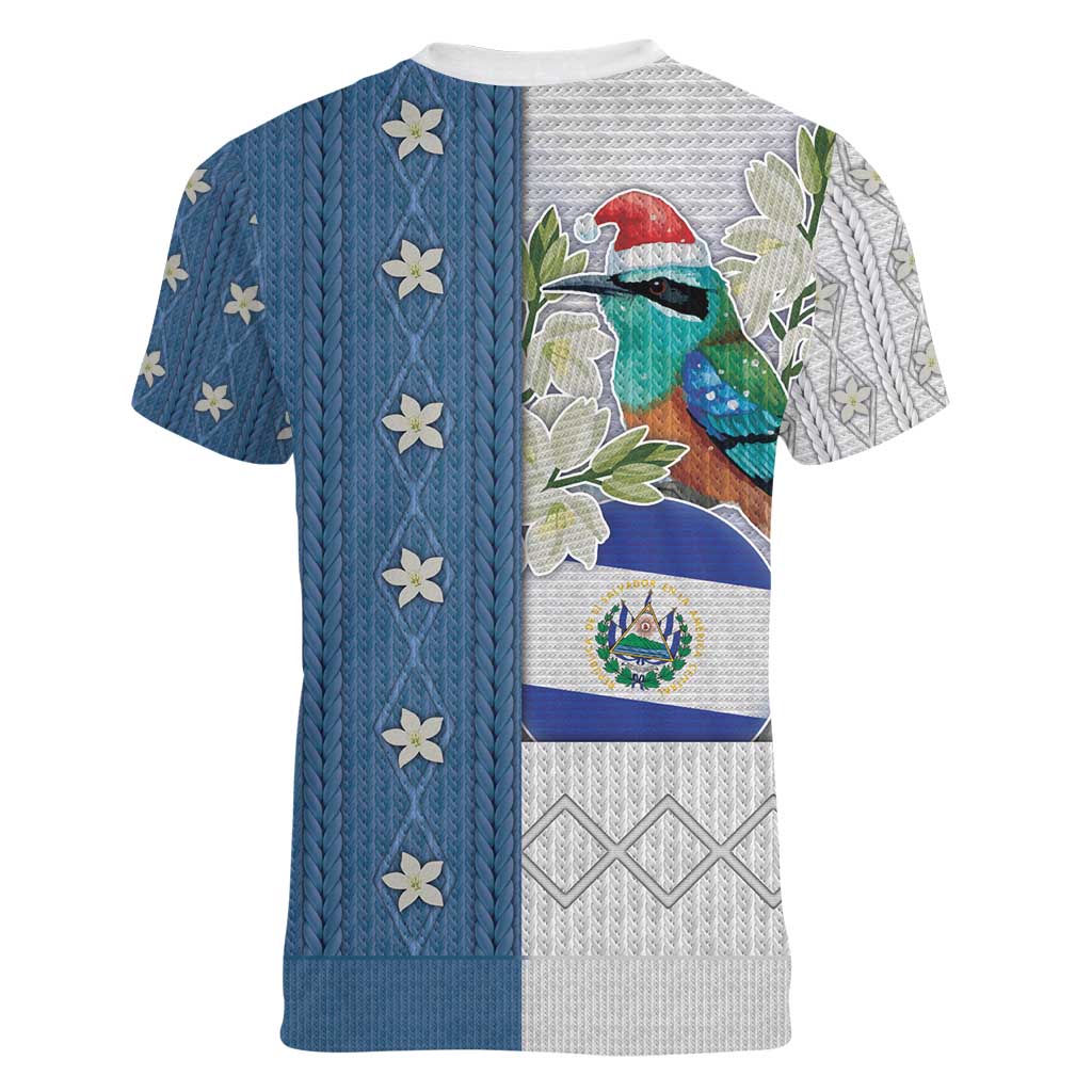 El Salvador Torogoz Christmas Women V-Neck T-Shirt With Wool Effect Patterns - Wonder Print Shop