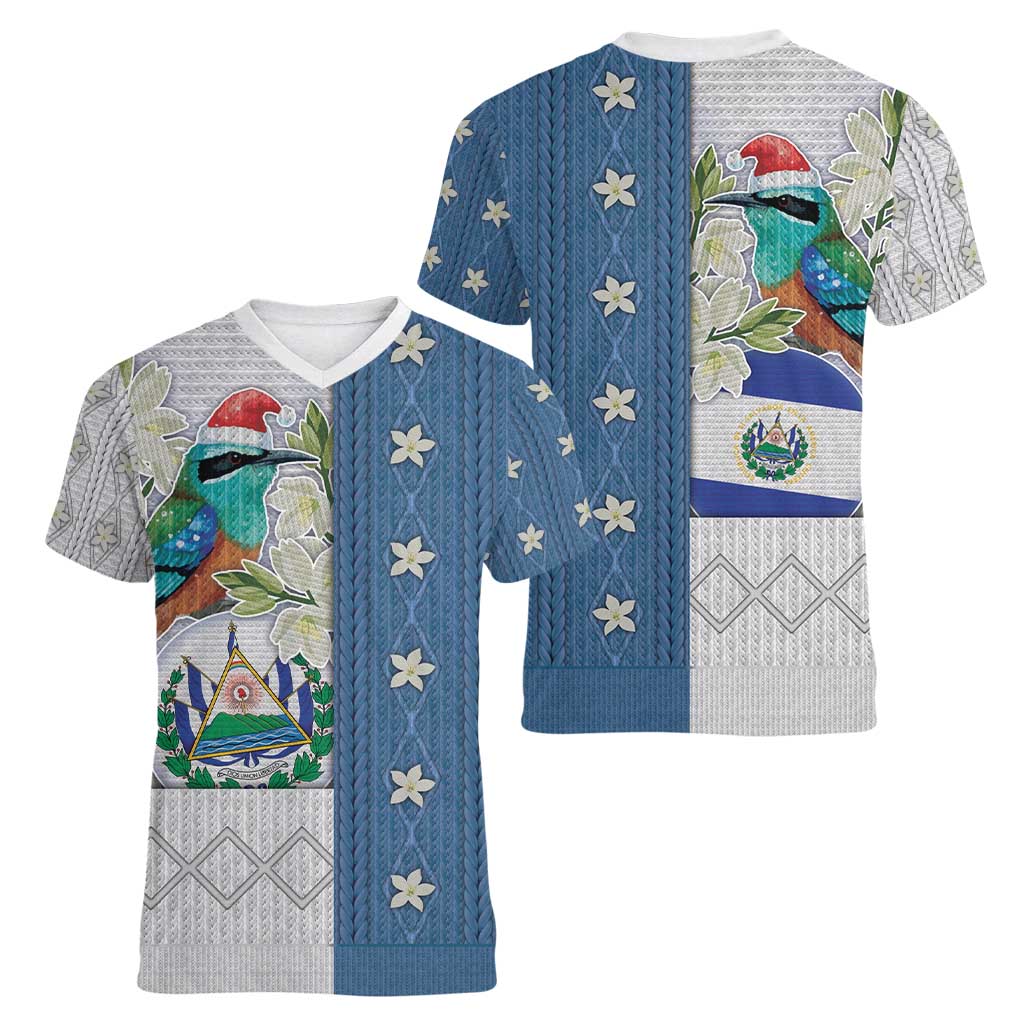 El Salvador Torogoz Christmas Women V-Neck T-Shirt With Wool Effect Patterns - Wonder Print Shop