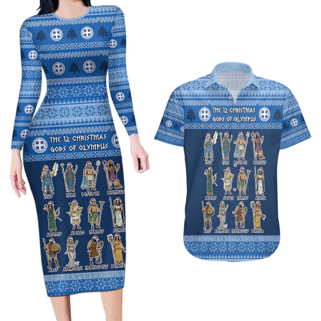 Greece Christmas Couples Matching Long Sleeve Bodycon Dress and Hawaiian Shirt The Twelve Gods Of Olympus - Wonder Print Shop