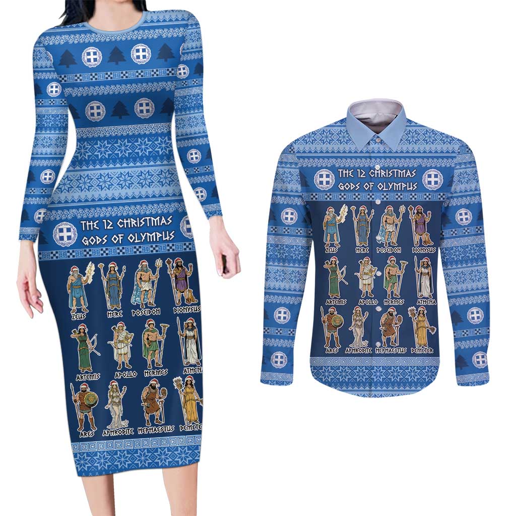 Greece Christmas Couples Matching Long Sleeve Bodycon Dress and Long Sleeve Button Shirt The Twelve Gods Of Olympus - Wonder Print Shop