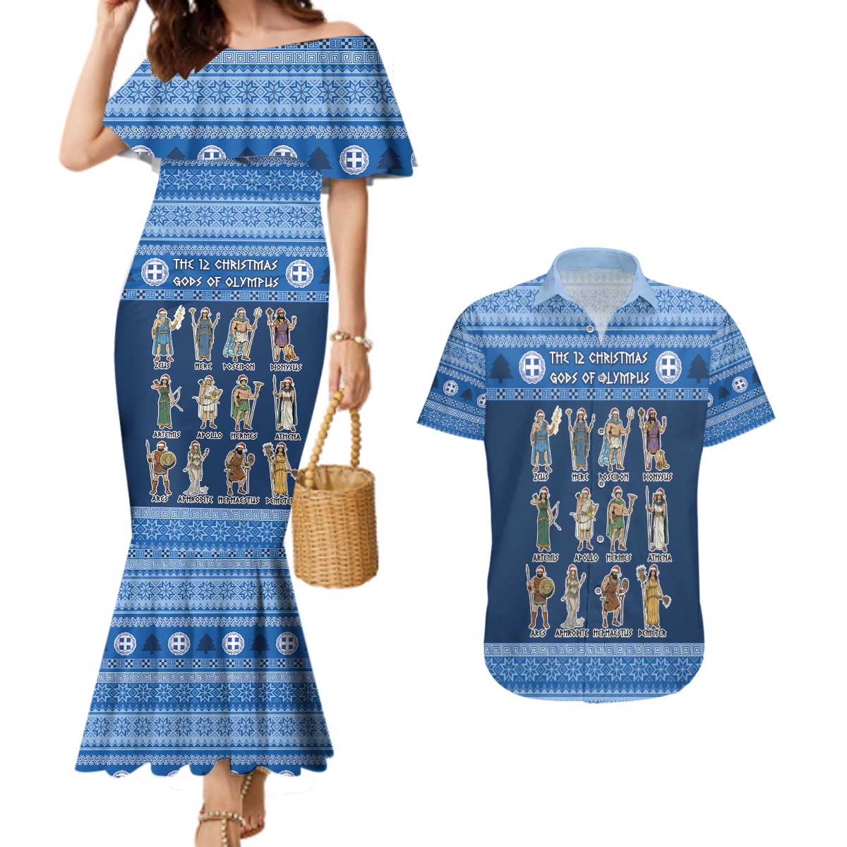 Greece Christmas Couples Matching Mermaid Dress and Hawaiian Shirt The Twelve Gods Of Olympus - Wonder Print Shop