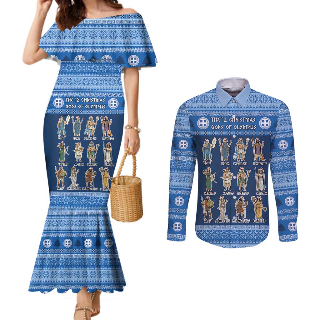 Greece Christmas Couples Matching Mermaid Dress and Long Sleeve Button Shirt The Twelve Gods Of Olympus - Wonder Print Shop