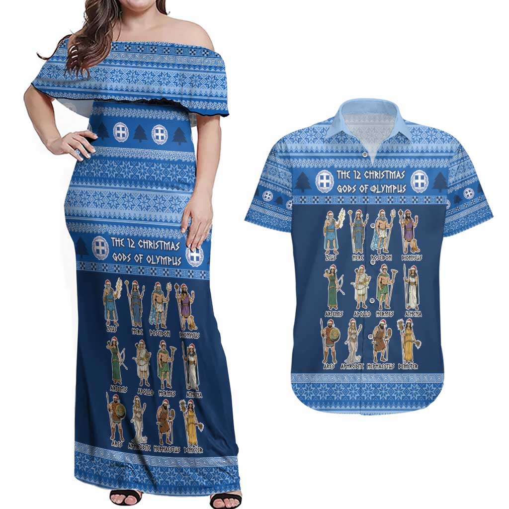 Greece Christmas Couples Matching Off Shoulder Maxi Dress and Hawaiian Shirt The Twelve Gods Of Olympus - Wonder Print Shop