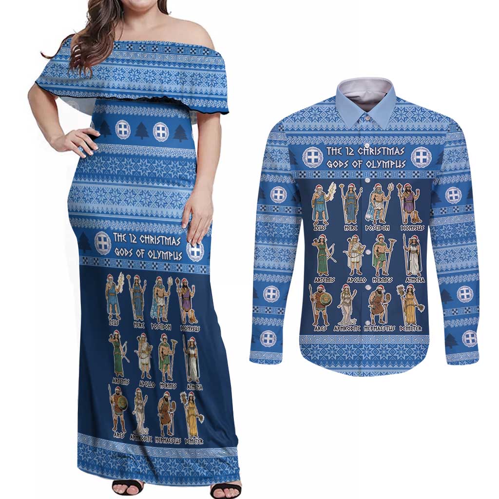 Greece Christmas Couples Matching Off Shoulder Maxi Dress and Long Sleeve Button Shirt The Twelve Gods Of Olympus - Wonder Print Shop