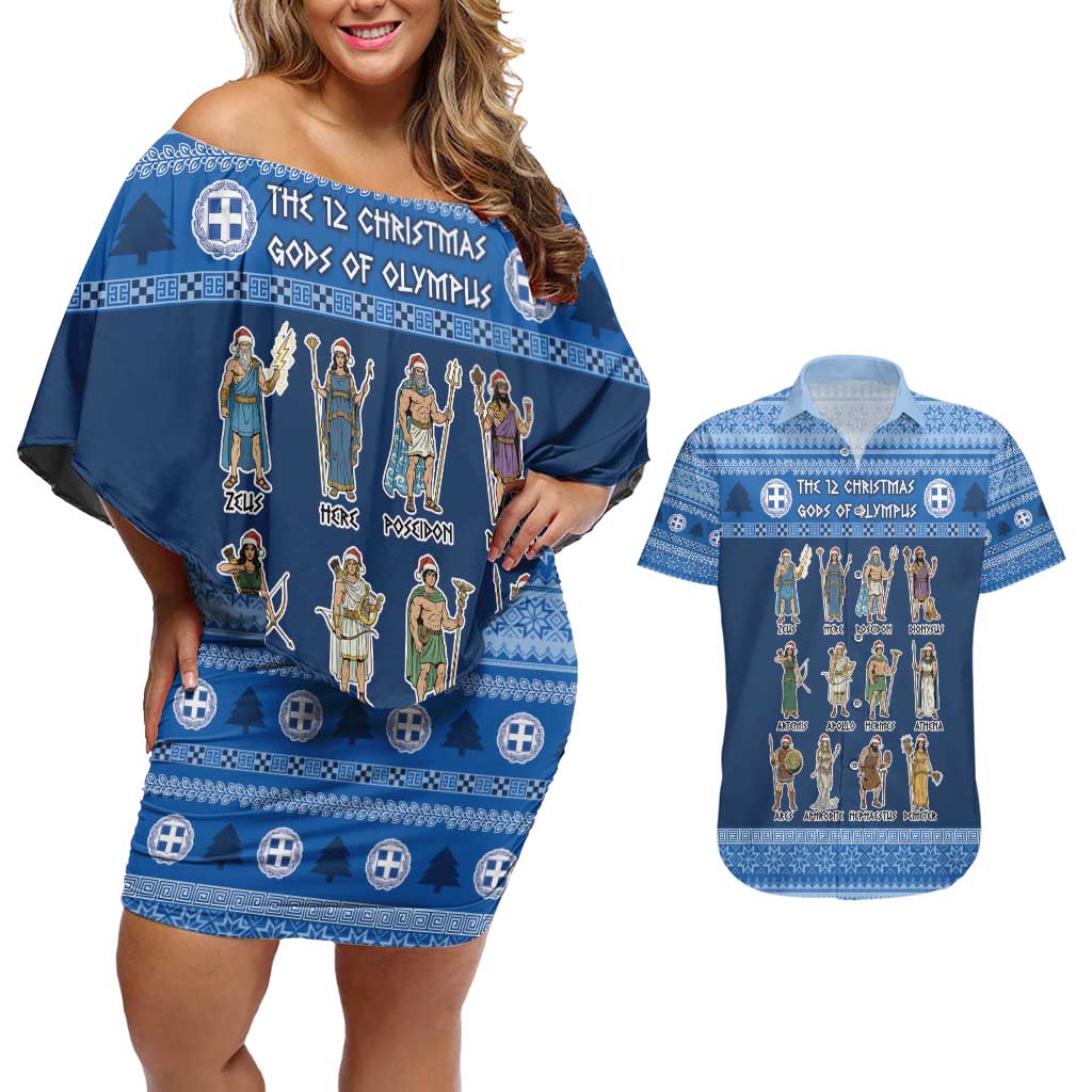 Greece Christmas Couples Matching Off Shoulder Short Dress and Hawaiian Shirt The Twelve Gods Of Olympus - Wonder Print Shop