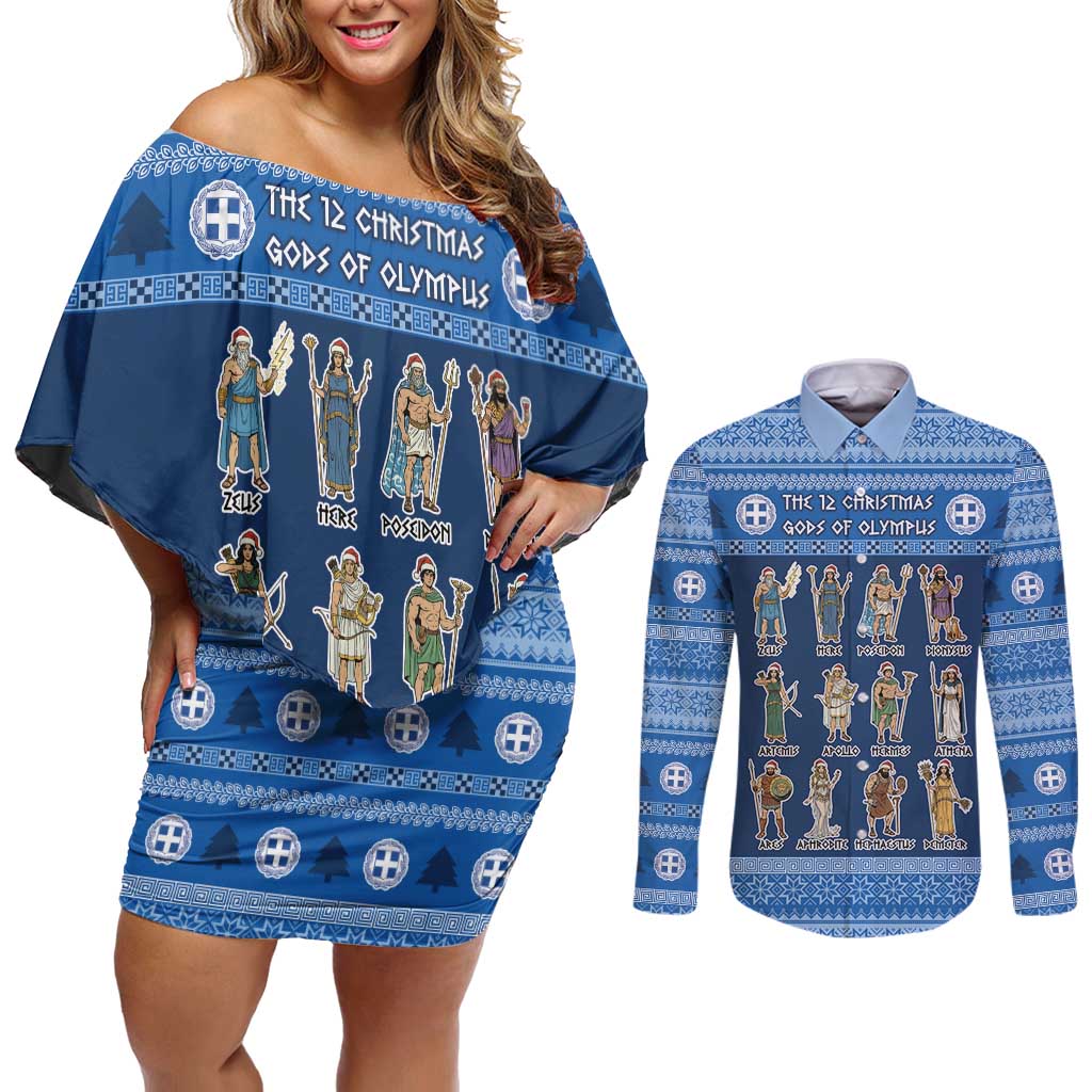 Greece Christmas Couples Matching Off Shoulder Short Dress and Long Sleeve Button Shirt The Twelve Gods Of Olympus - Wonder Print Shop