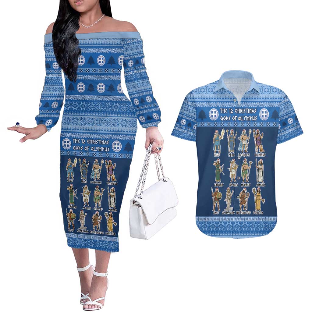 Greece Christmas Couples Matching Off The Shoulder Long Sleeve Dress and Hawaiian Shirt The Twelve Gods Of Olympus - Wonder Print Shop