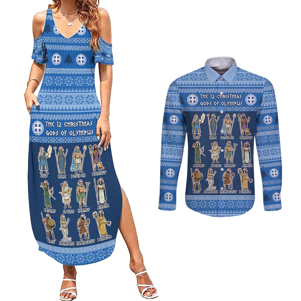 Greece Christmas Couples Matching Summer Maxi Dress and Long Sleeve Button Shirt The Twelve Gods Of Olympus - Wonder Print Shop