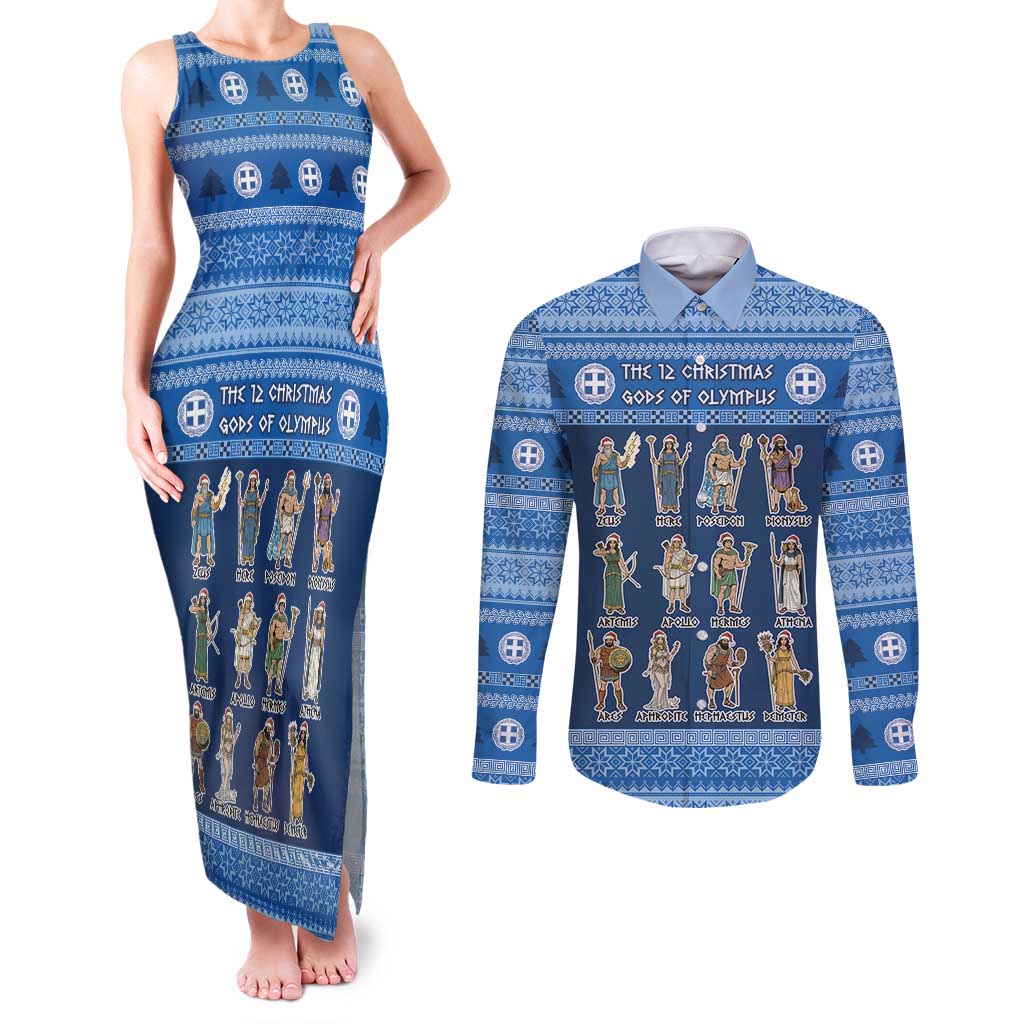 Greece Christmas Couples Matching Tank Maxi Dress and Long Sleeve Button Shirt The Twelve Gods Of Olympus - Wonder Print Shop