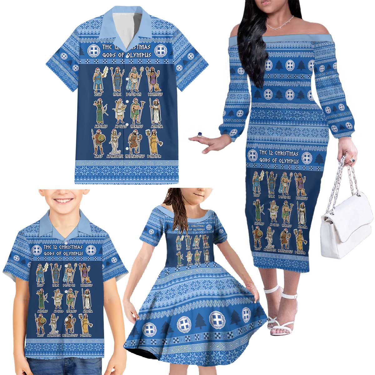 Greece Christmas Family Matching Off The Shoulder Long Sleeve Dress and Hawaiian Shirt The Twelve Gods Of Olympus - Wonder Print Shop