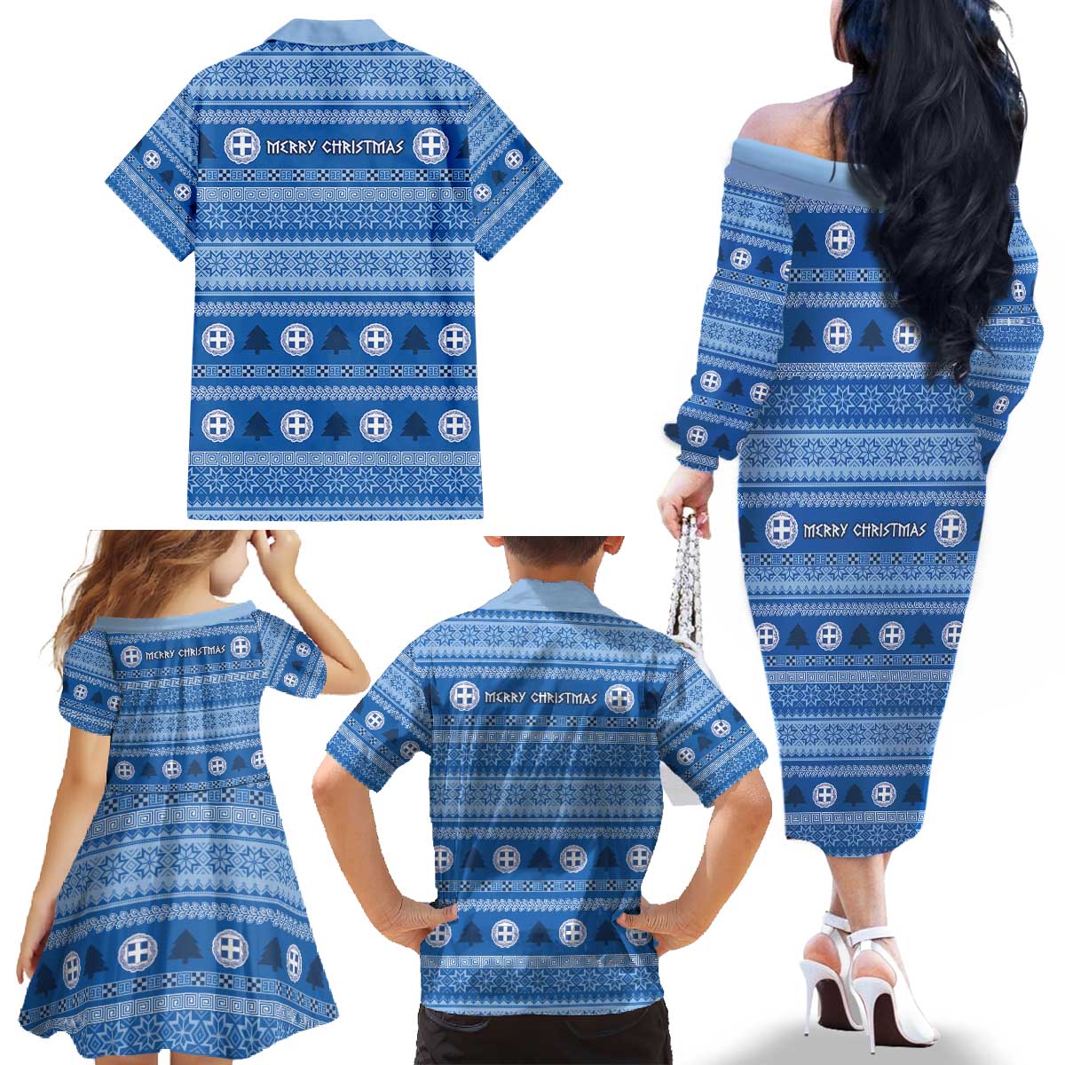 Greece Christmas Family Matching Off The Shoulder Long Sleeve Dress and Hawaiian Shirt The Twelve Gods Of Olympus - Wonder Print Shop
