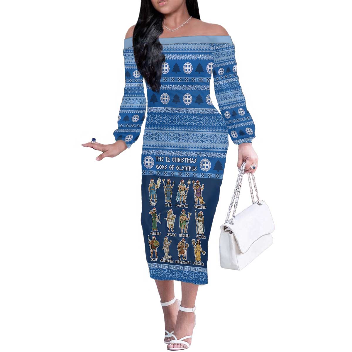 Greece Christmas Family Matching Off The Shoulder Long Sleeve Dress and Hawaiian Shirt The Twelve Gods Of Olympus - Wonder Print Shop