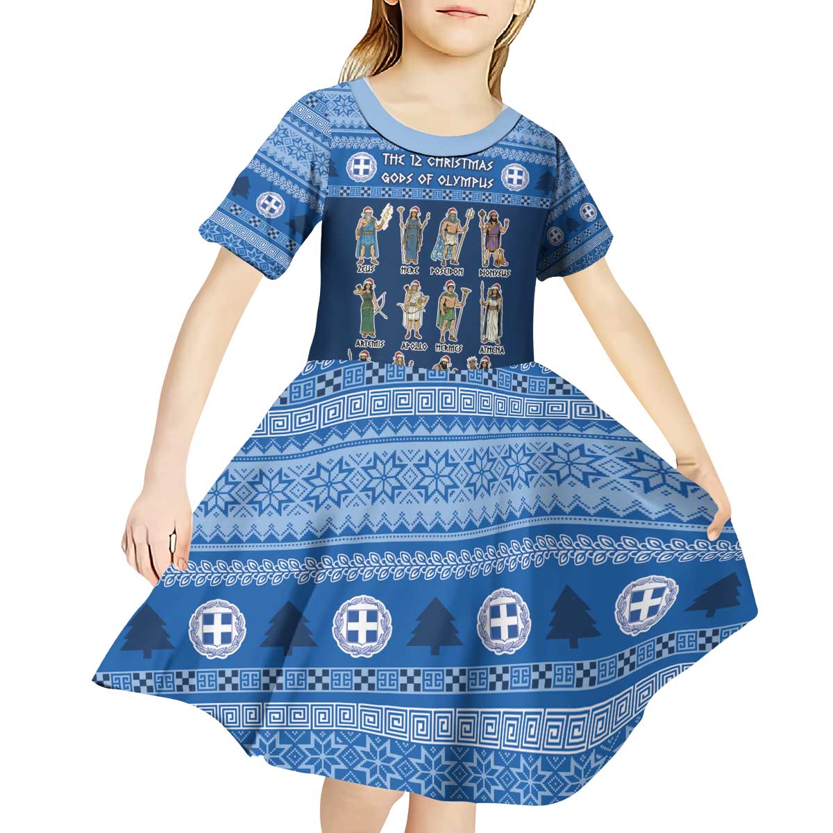 Greece Christmas Kid Short Sleeve Dress The Twelve Gods Of Olympus - Wonder Print Shop