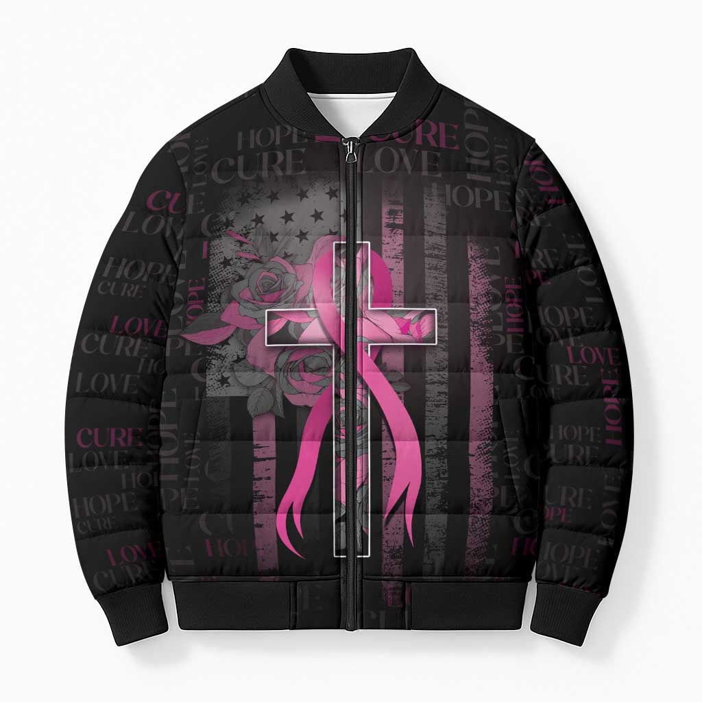 Personalized American Breast Cancer Bomber Puffer Jacket Hope And Cure Cross - Wonder Print Shop