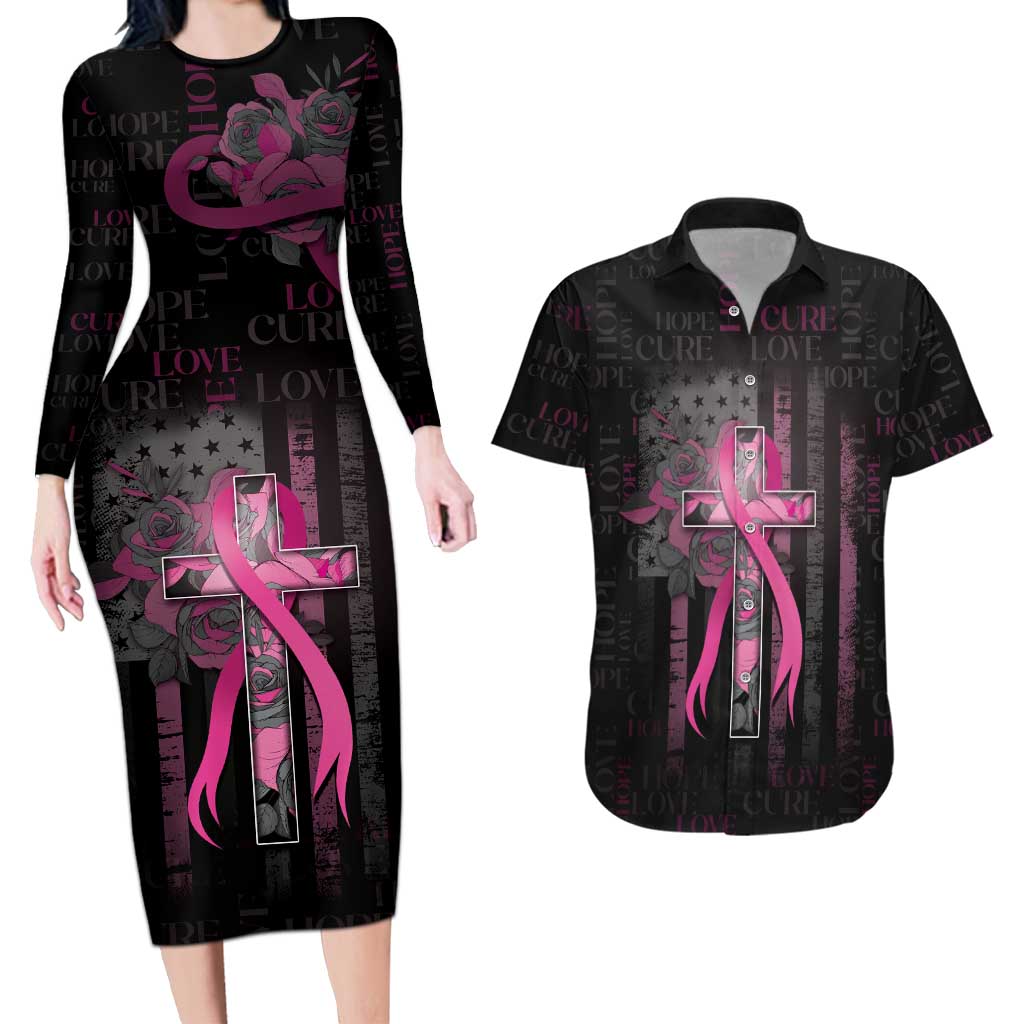 Personalized American Breast Cancer Couples Matching Long Sleeve Bodycon Dress and Hawaiian Shirt Hope And Cure Cross - Wonder Print Shop