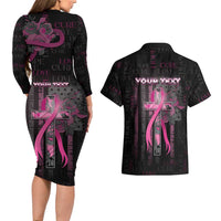Personalized American Breast Cancer Couples Matching Long Sleeve Bodycon Dress and Hawaiian Shirt Hope And Cure Cross - Wonder Print Shop