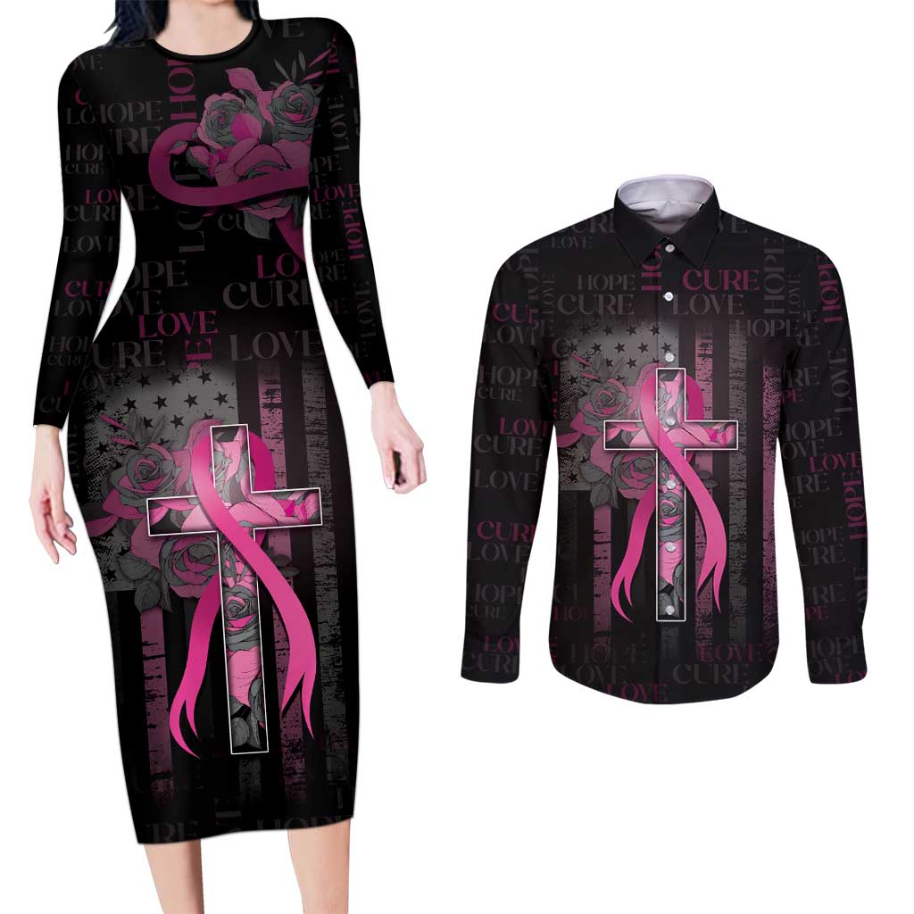 Personalized American Breast Cancer Couples Matching Long Sleeve Bodycon Dress and Long Sleeve Button Shirt Hope And Cure Cross - Wonder Print Shop