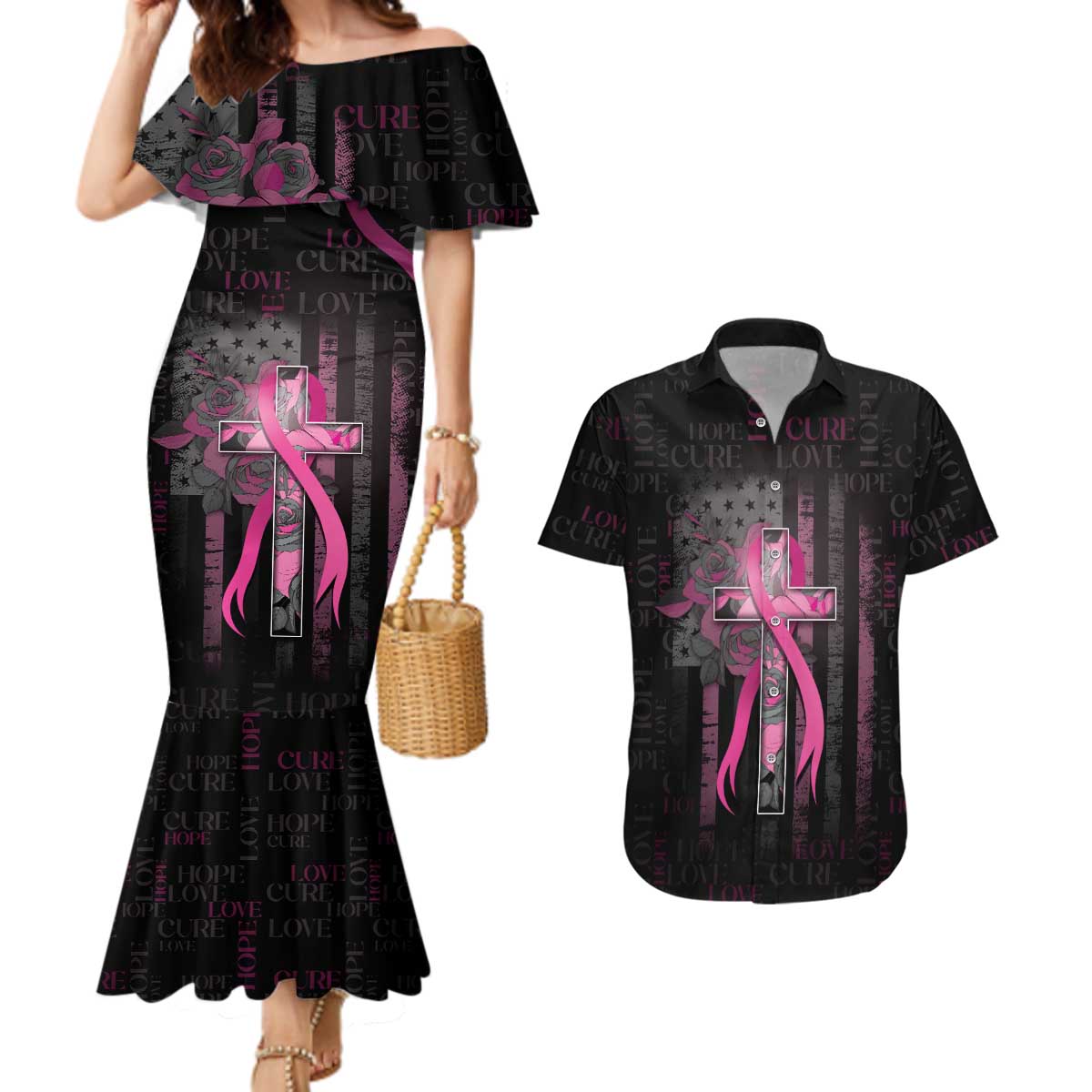 Personalized American Breast Cancer Couples Matching Mermaid Dress and Hawaiian Shirt Hope And Cure Cross - Wonder Print Shop