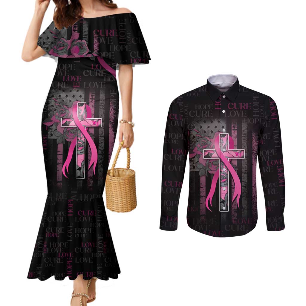 Personalized American Breast Cancer Couples Matching Mermaid Dress and Long Sleeve Button Shirt Hope And Cure Cross - Wonder Print Shop