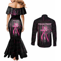 Personalized American Breast Cancer Couples Matching Mermaid Dress and Long Sleeve Button Shirt Hope And Cure Cross - Wonder Print Shop