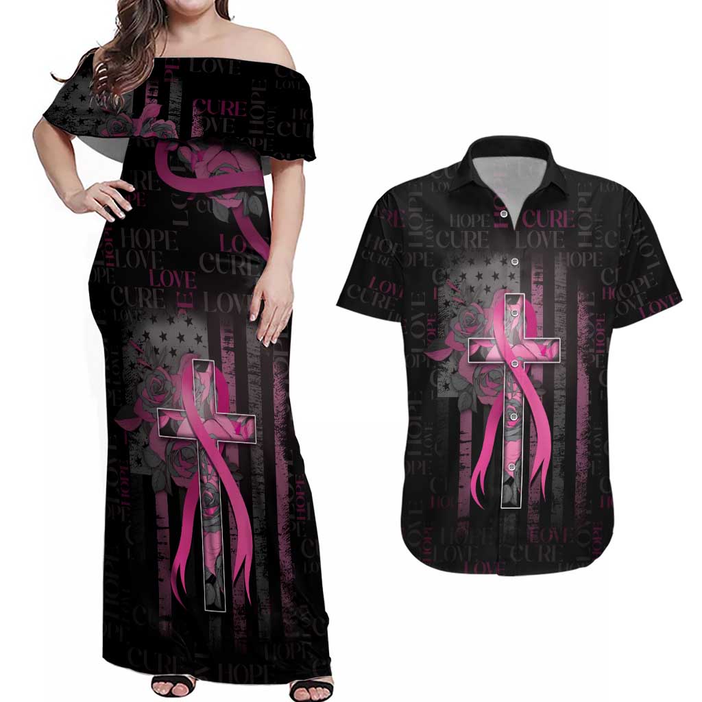 Personalized American Breast Cancer Couples Matching Off Shoulder Maxi Dress and Hawaiian Shirt Hope And Cure Cross - Wonder Print Shop
