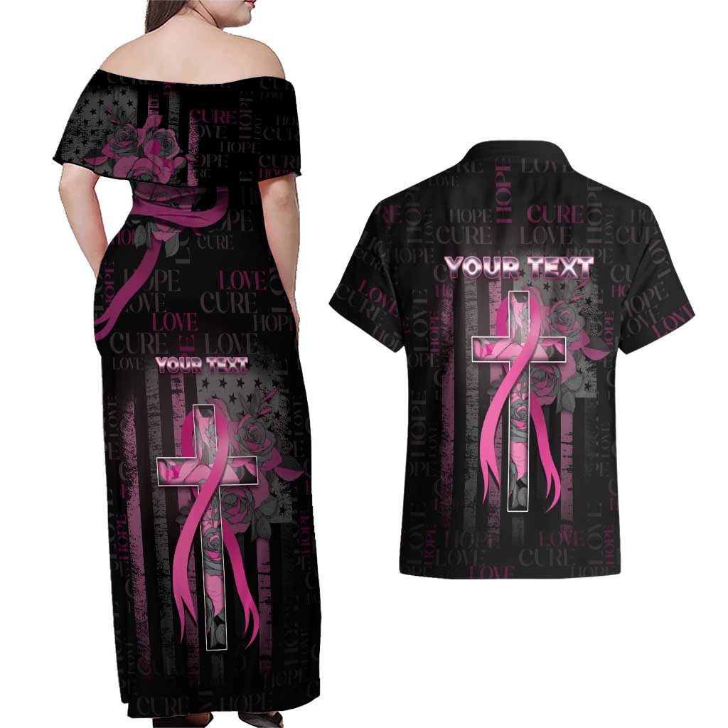 Personalized American Breast Cancer Couples Matching Off Shoulder Maxi Dress and Hawaiian Shirt Hope And Cure Cross - Wonder Print Shop