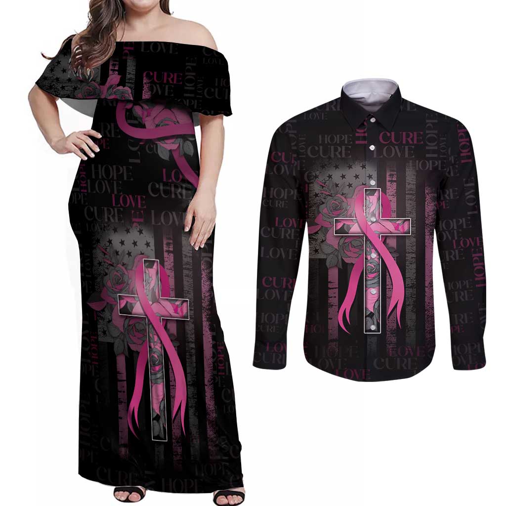 Personalized American Breast Cancer Couples Matching Off Shoulder Maxi Dress and Long Sleeve Button Shirt Hope And Cure Cross - Wonder Print Shop