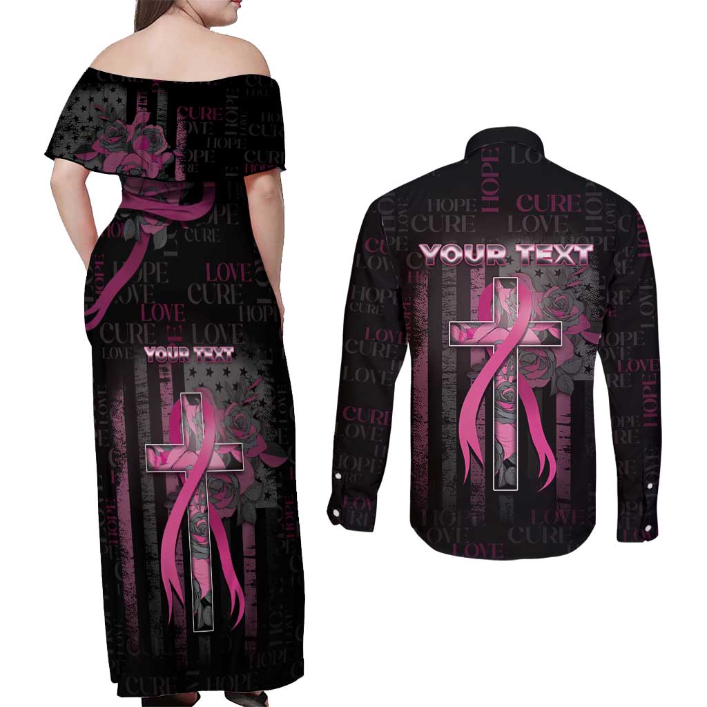 Personalized American Breast Cancer Couples Matching Off Shoulder Maxi Dress and Long Sleeve Button Shirt Hope And Cure Cross - Wonder Print Shop
