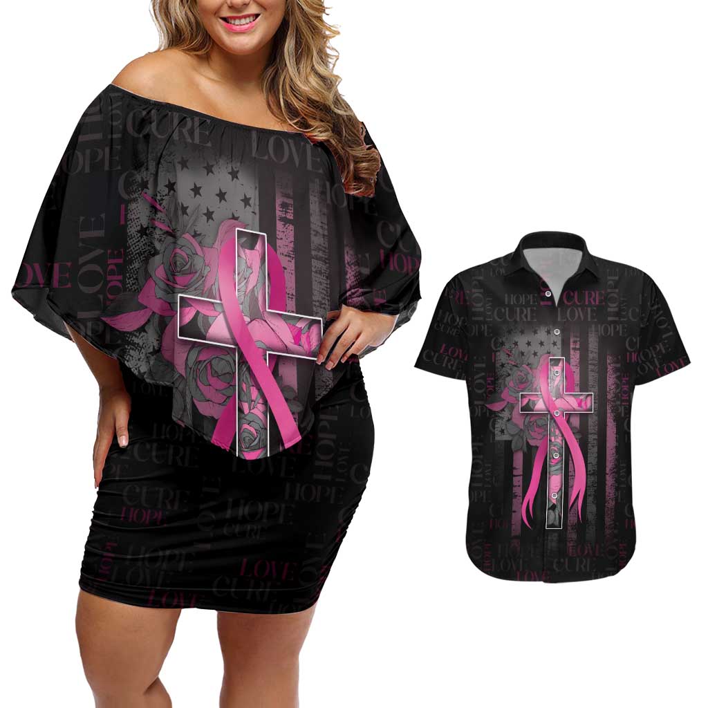 Personalized American Breast Cancer Couples Matching Off Shoulder Short Dress and Hawaiian Shirt Hope And Cure Cross - Wonder Print Shop