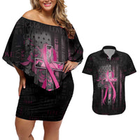 Personalized American Breast Cancer Couples Matching Off Shoulder Short Dress and Hawaiian Shirt Hope And Cure Cross - Wonder Print Shop