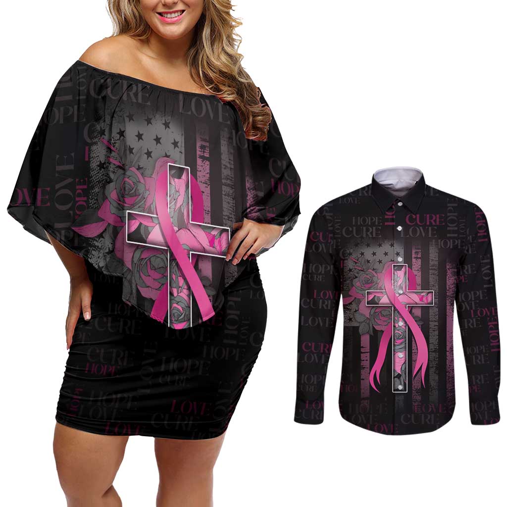 Personalized American Breast Cancer Couples Matching Off Shoulder Short Dress and Long Sleeve Button Shirt Hope And Cure Cross - Wonder Print Shop