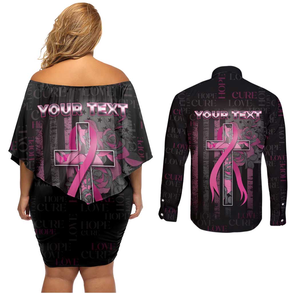 Personalized American Breast Cancer Couples Matching Off Shoulder Short Dress and Long Sleeve Button Shirt Hope And Cure Cross - Wonder Print Shop