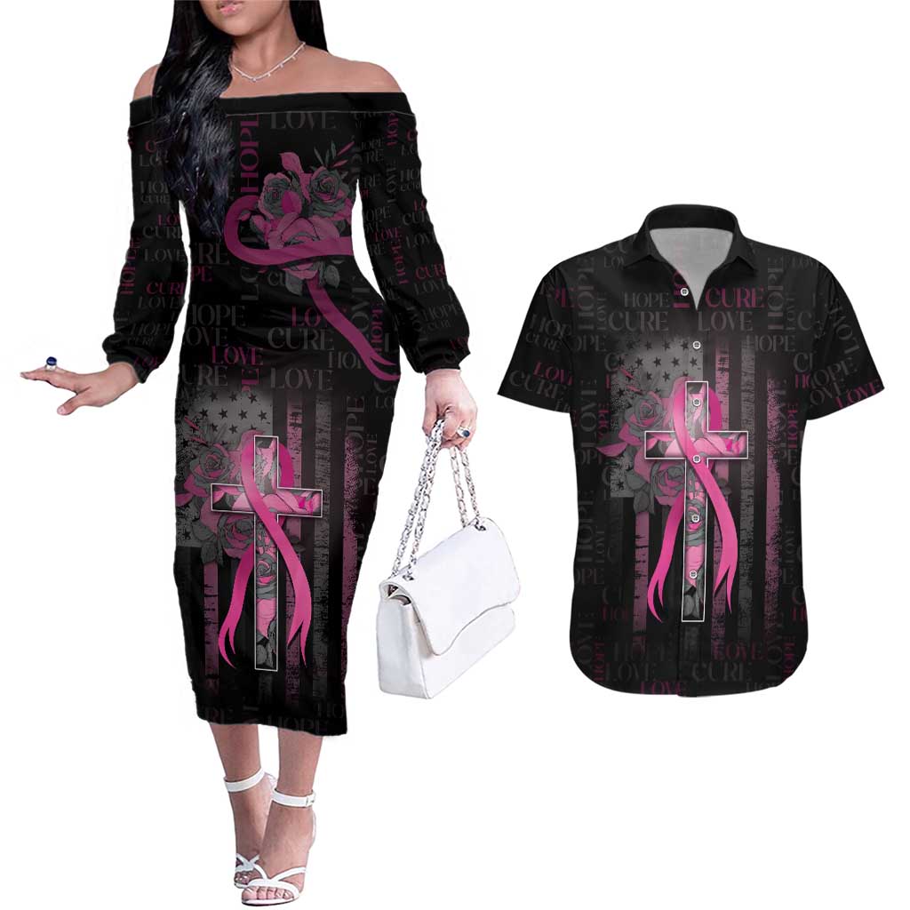 Personalized American Breast Cancer Couples Matching Off The Shoulder Long Sleeve Dress and Hawaiian Shirt Hope And Cure Cross - Wonder Print Shop