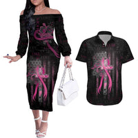 Personalized American Breast Cancer Couples Matching Off The Shoulder Long Sleeve Dress and Hawaiian Shirt Hope And Cure Cross - Wonder Print Shop