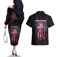 Personalized American Breast Cancer Couples Matching Off The Shoulder Long Sleeve Dress and Hawaiian Shirt Hope And Cure Cross - Wonder Print Shop