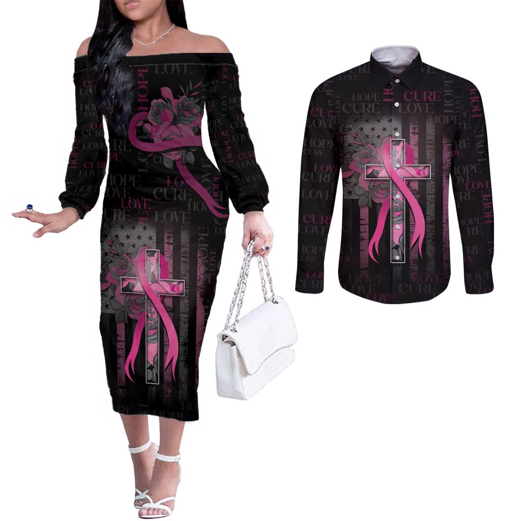 Personalized American Breast Cancer Couples Matching Off The Shoulder Long Sleeve Dress and Long Sleeve Button Shirt Hope And Cure Cross - Wonder Print Shop