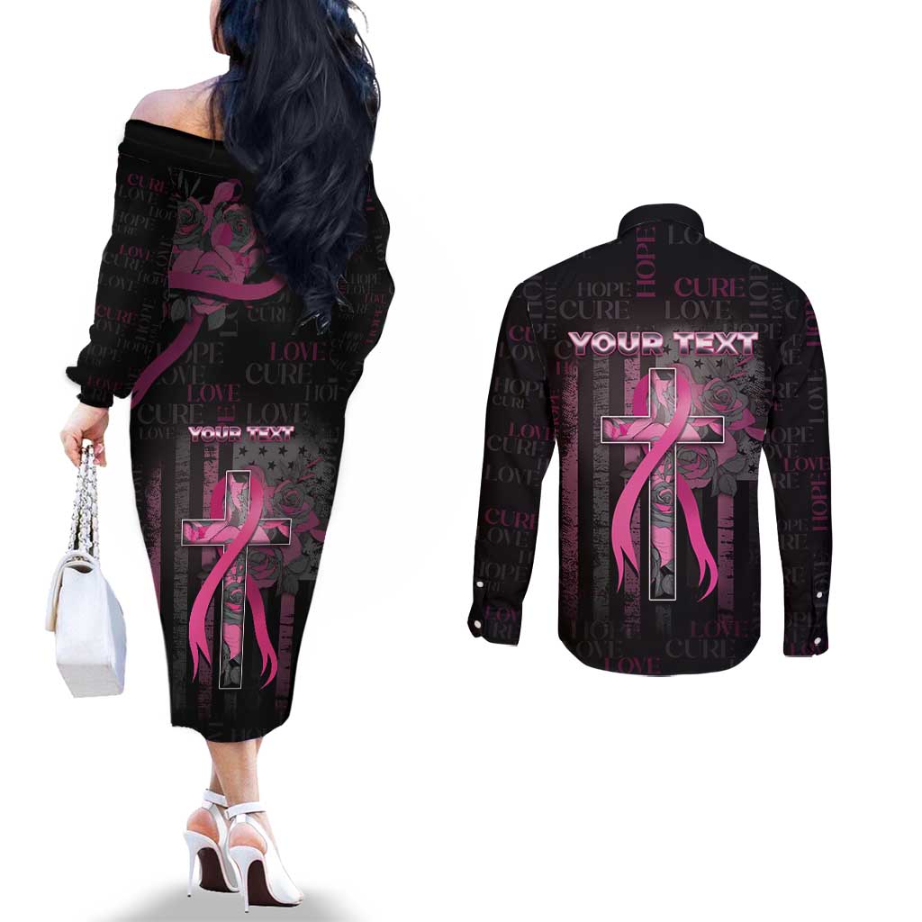 Personalized American Breast Cancer Couples Matching Off The Shoulder Long Sleeve Dress and Long Sleeve Button Shirt Hope And Cure Cross - Wonder Print Shop
