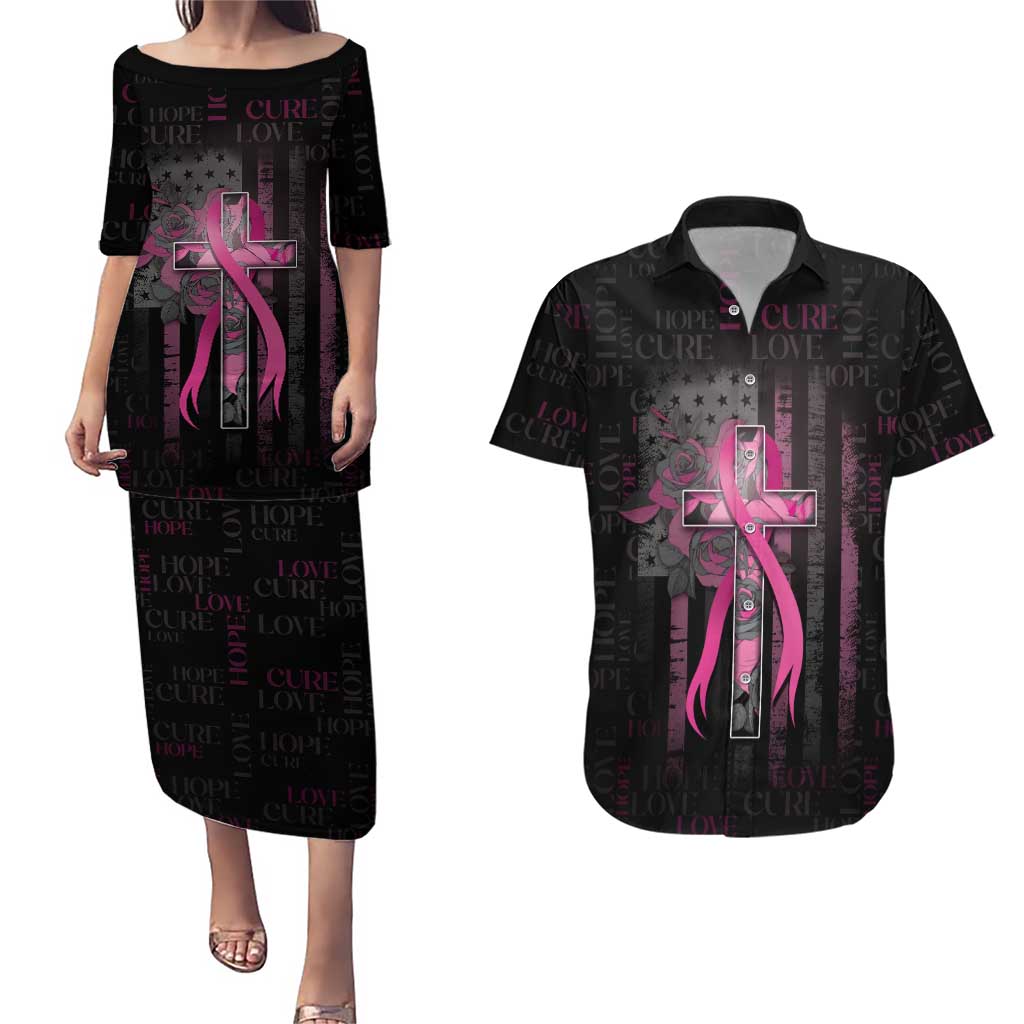 Personalized American Breast Cancer Couples Matching Puletasi and Hawaiian Shirt Hope And Cure Cross - Wonder Print Shop