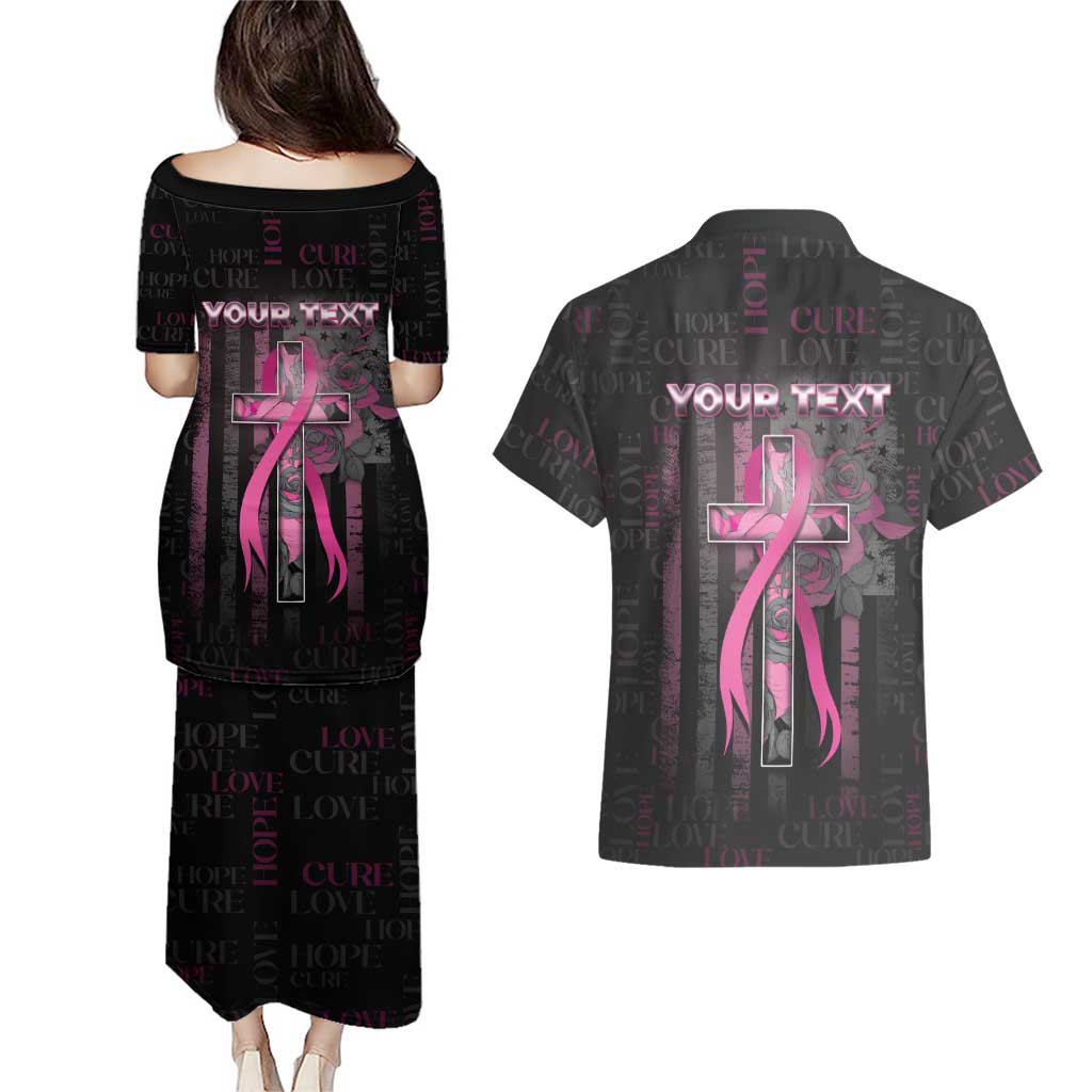 Personalized American Breast Cancer Couples Matching Puletasi and Hawaiian Shirt Hope And Cure Cross - Wonder Print Shop
