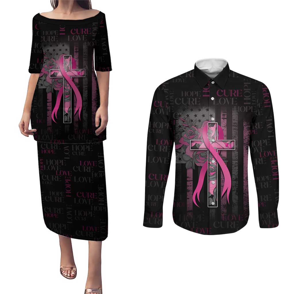 Personalized American Breast Cancer Couples Matching Puletasi and Long Sleeve Button Shirt Hope And Cure Cross - Wonder Print Shop