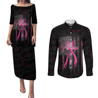 Personalized American Breast Cancer Couples Matching Puletasi and Long Sleeve Button Shirt Hope And Cure Cross - Wonder Print Shop
