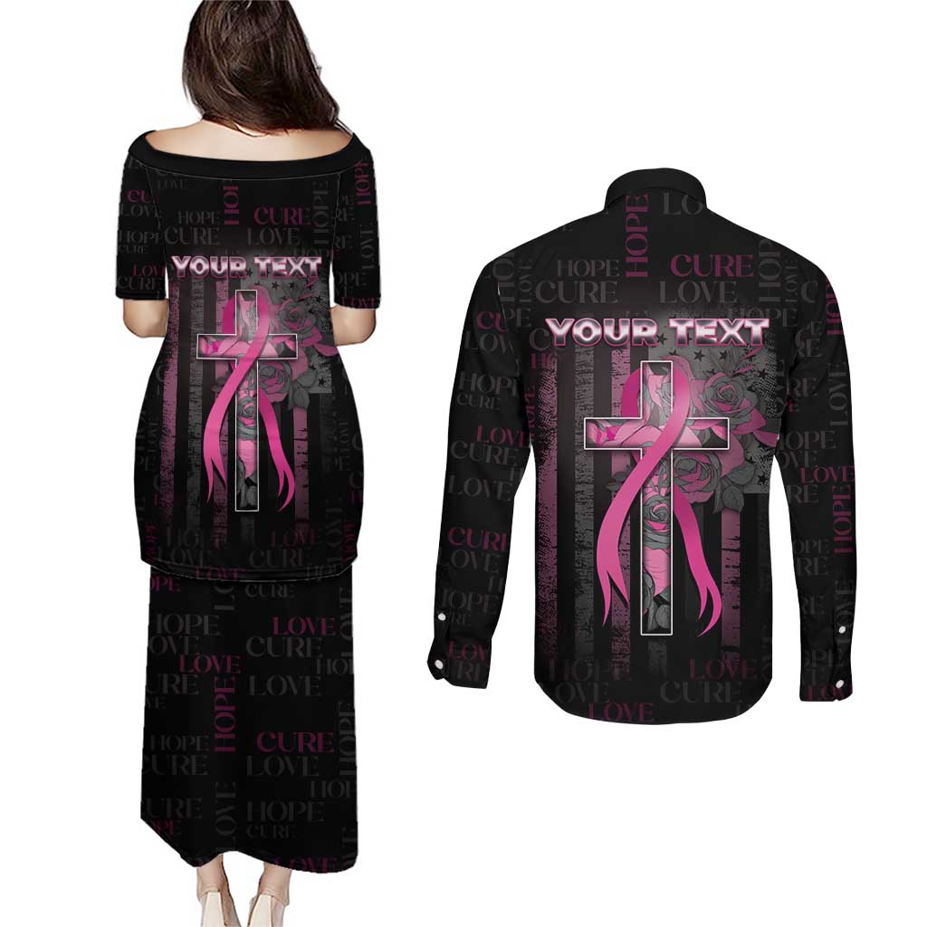 Personalized American Breast Cancer Couples Matching Puletasi and Long Sleeve Button Shirt Hope And Cure Cross - Wonder Print Shop