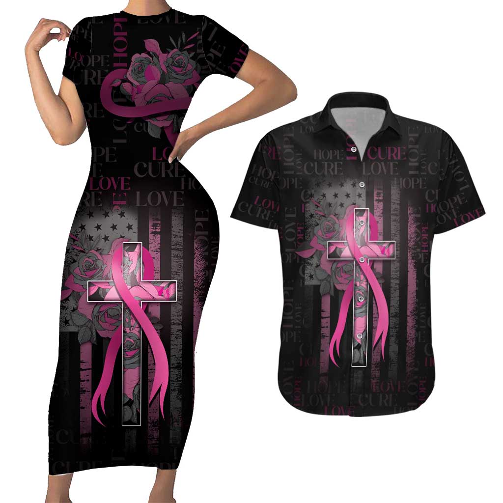 Personalized American Breast Cancer Couples Matching Short Sleeve Bodycon Dress and Hawaiian Shirt Hope And Cure Cross - Wonder Print Shop