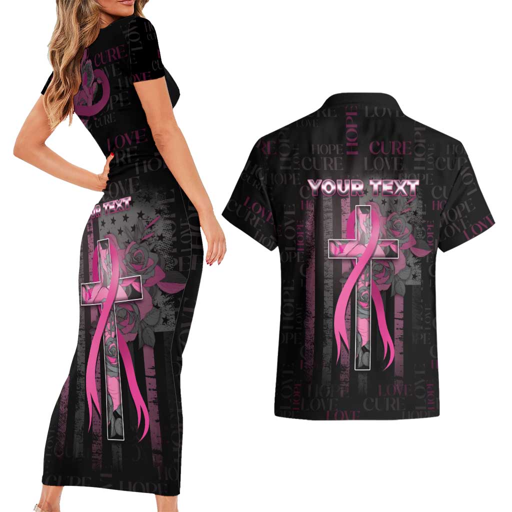 Personalized American Breast Cancer Couples Matching Short Sleeve Bodycon Dress and Hawaiian Shirt Hope And Cure Cross - Wonder Print Shop