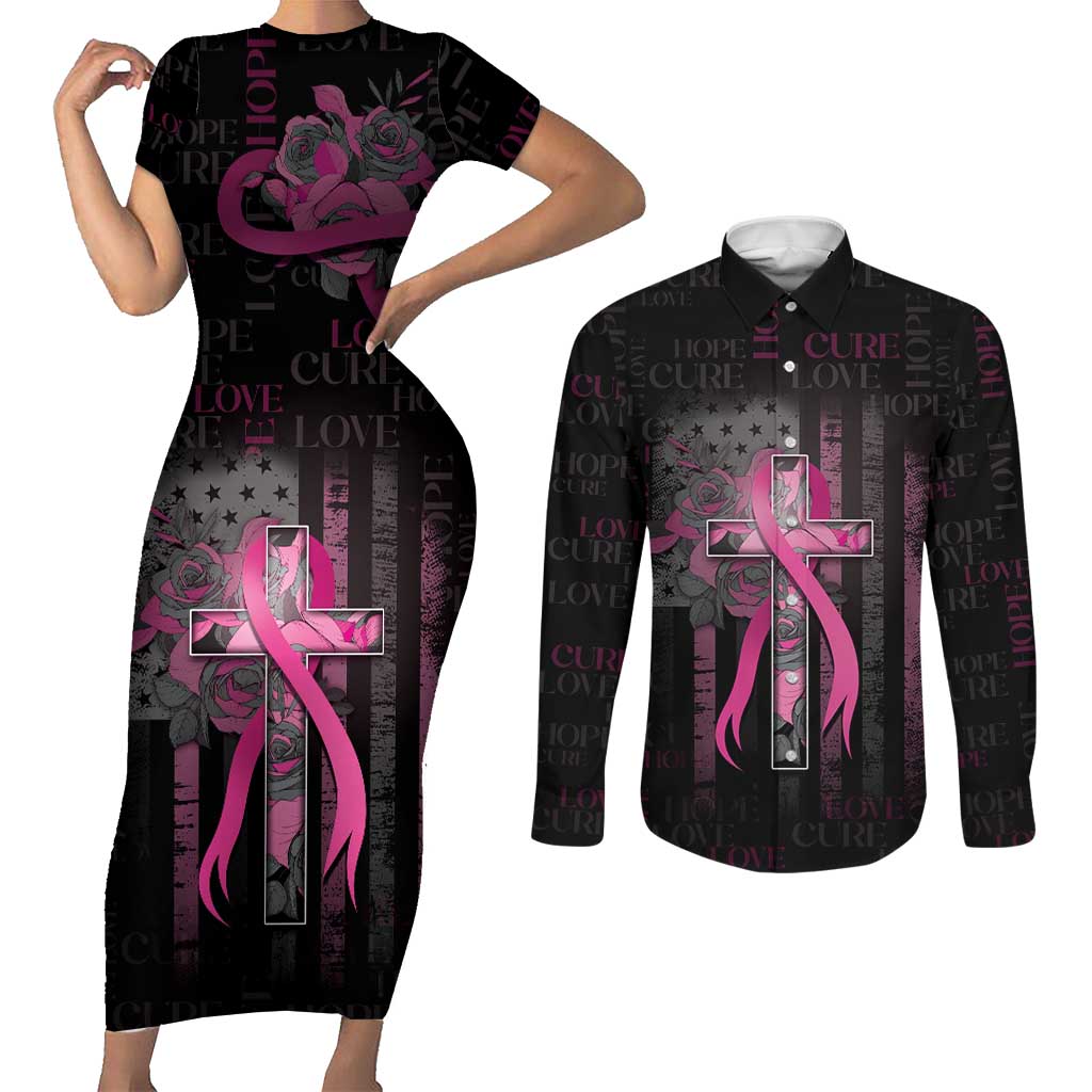 Personalized American Breast Cancer Couples Matching Short Sleeve Bodycon Dress and Long Sleeve Button Shirt Hope And Cure Cross - Wonder Print Shop