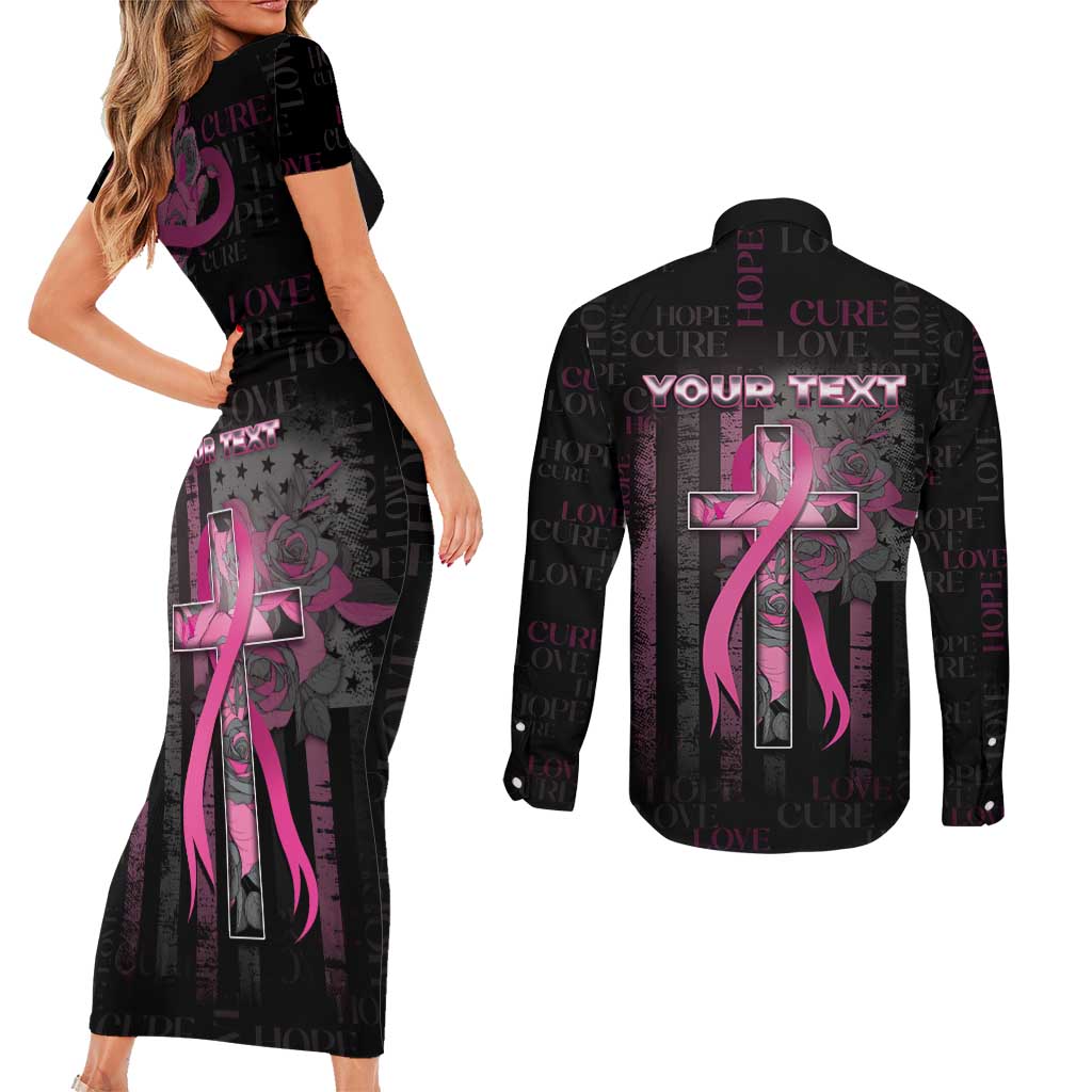 Personalized American Breast Cancer Couples Matching Short Sleeve Bodycon Dress and Long Sleeve Button Shirt Hope And Cure Cross - Wonder Print Shop
