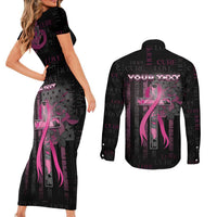 Personalized American Breast Cancer Couples Matching Short Sleeve Bodycon Dress and Long Sleeve Button Shirt Hope And Cure Cross - Wonder Print Shop
