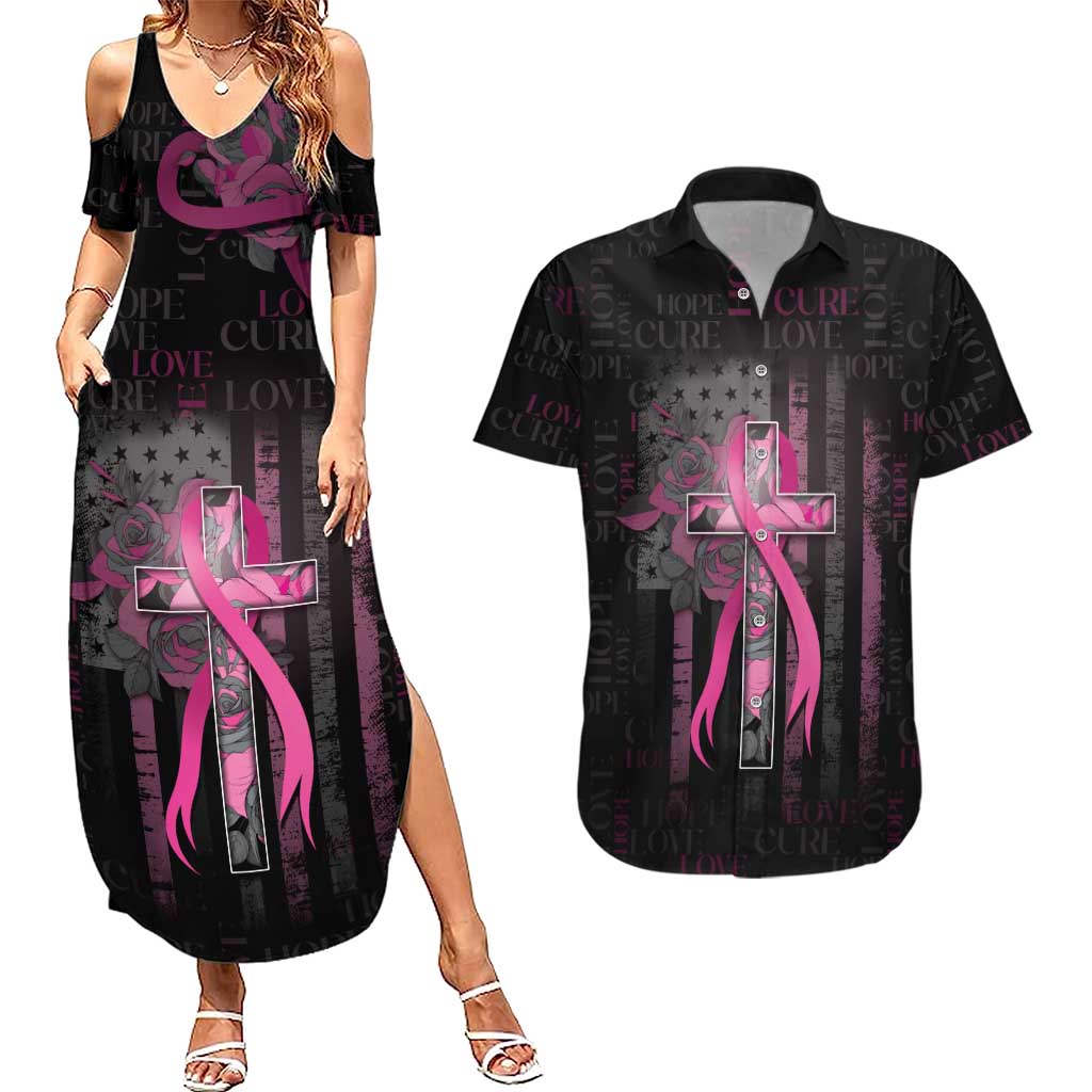 Personalized American Breast Cancer Couples Matching Summer Maxi Dress and Hawaiian Shirt Hope And Cure Cross - Wonder Print Shop