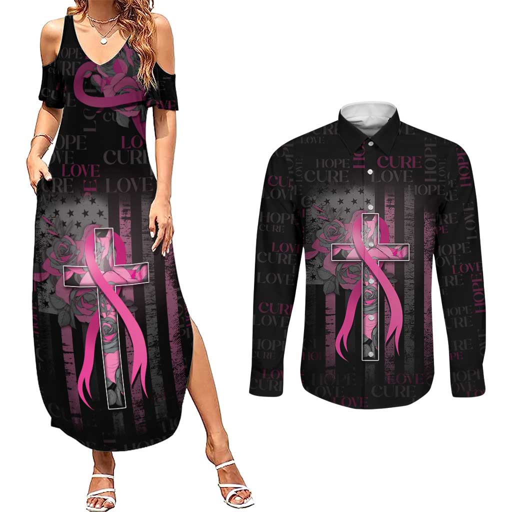 Personalized American Breast Cancer Couples Matching Summer Maxi Dress and Long Sleeve Button Shirt Hope And Cure Cross - Wonder Print Shop