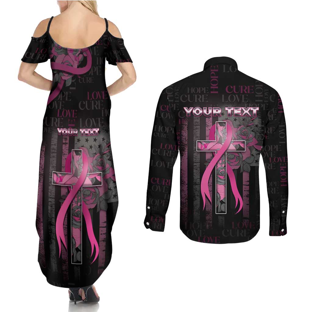Personalized American Breast Cancer Couples Matching Summer Maxi Dress and Long Sleeve Button Shirt Hope And Cure Cross - Wonder Print Shop